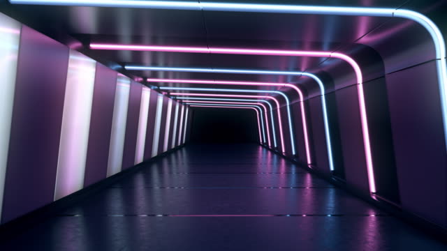 Moving forward inside an endless tunnel with glowing blue and pink neon lines and white lamps.