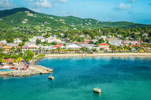 Frederiksted, Saint Croix, US Virgin Islands Beautiful scenery with harbor of St Croix, green mountain, water and town along the coastline. virgin islands photos stock pictures, royalty-free photos & images