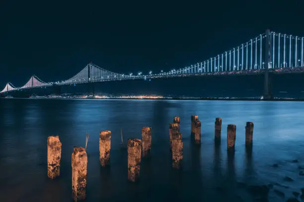 Bay Bridge with reflections at night