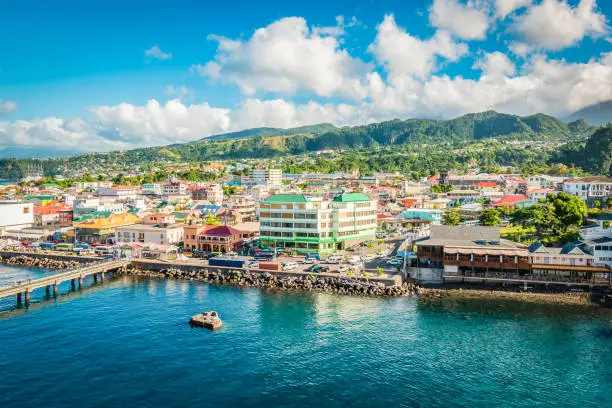 Bright and colorful landscape with cruise port and skyline of Roseau in Dominica, Caribbean Island.