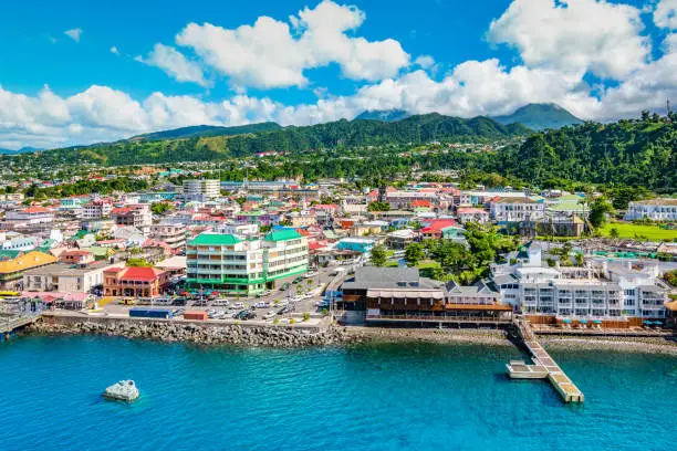 Bright and colorful landscape with port and skyline of Roseau in Dominica, Caribbean Island.