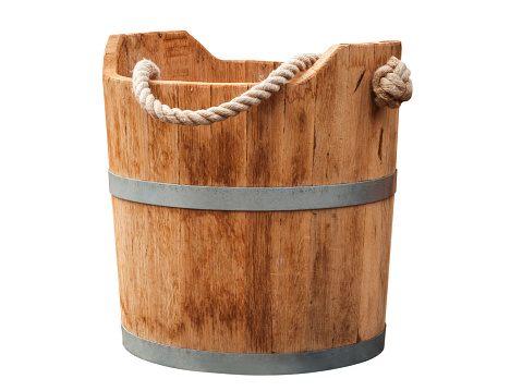Wooden trough with two steel rings and hemp rope as a handle isolated on white.