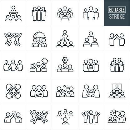 A set of business teams icons that include editable strokes or outlines using the EPS vector file. The icons business teams, groups of workers, bosses, managers, business people, teamwork, working together, businessmen, meetings, trainings, success, collaboration, high five, arms around shoulders and leadership to name a few.