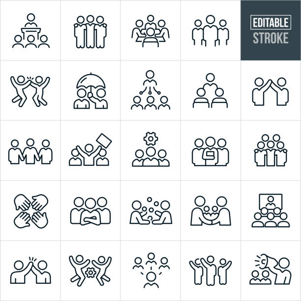 Business Teams Thin Line Icons - Editable Stroke A set of business teams icons that include editable strokes or outlines using the EPS vector file. The icons business teams, groups of workers, bosses, managers, business people, teamwork, working together, businessmen, meetings, trainings, success, collaboration, high five, arms around shoulders and leadership to name a few. group of people stock illustrations