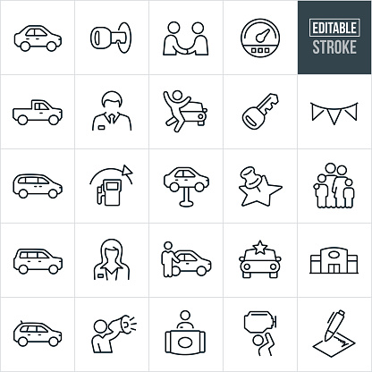 A set auto dealership icons that include editable strokes or outlines using the EPS vector file. The icons include an auto dealer, car salesman, auto dealership, car, truck, van, SUV, crossover, car key, speedometer, man, woman, customer, salesperson, repair, new car, receptionist and contract to name a few.