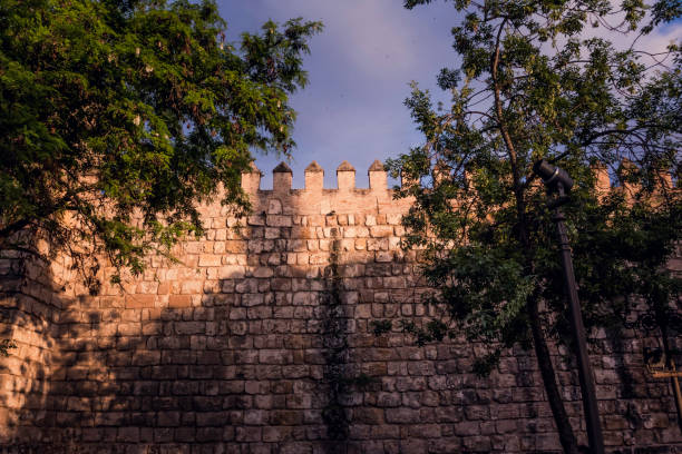 Battlement and sandstone wall with trees in the foreground and sky background