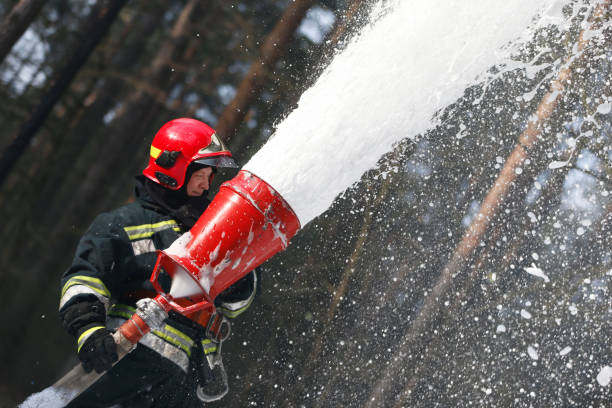 istock Fire extinguishes a forest fire. Fireman with a hose with foam at work 1126744572