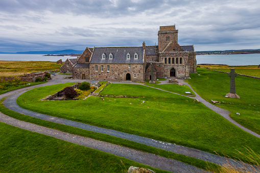 Iona Abbey in Scotland on a cloudy day