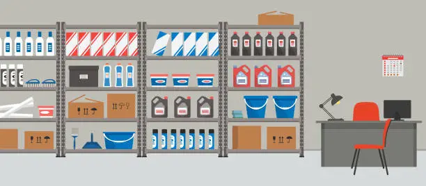 Vector illustration of Storeroom. Workplace of the storekeeper. Shelving with household goods