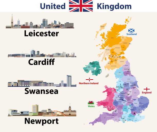 vektor-illustration von großbritannien städte skylines icons. hoch detaillierte karte des vereinigten königreichs mit ländern und regionen hinweg. alle layer editierbar, beschriftet und gut organazed - uk map british flag england stock-grafiken, -clipart, -cartoons und -symbole