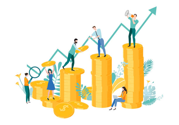 사람들이 돈을 벌 소득과 효율성을 증가 하는 팀에서 함께 작동 합니다. - earn currency banking business stock illustrations