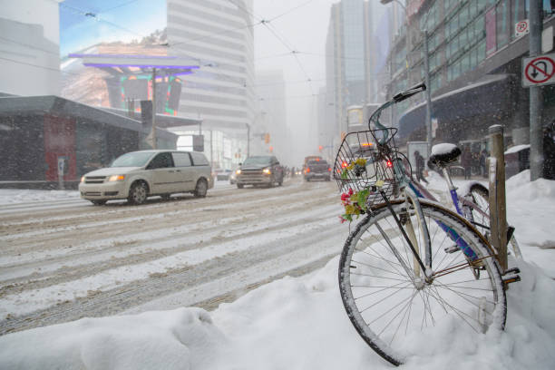 Bike covered with snow in downtown toronto ontario