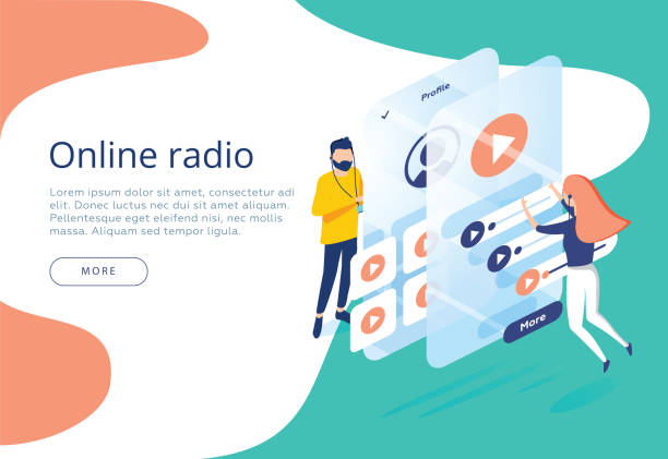 koncepcja internetowego słuchania radia internetowego, ludzie relaksują się w tańcu. aplikacje muzyczne, playlista online - marketing megaphone advertise listening stock illustrations