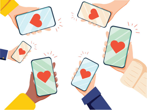 istock Valentine Day Gift Card Holiday Love Hands Hold Cell Smart Phone with hearts. Social Network Communication Flat Vector 1126782093
