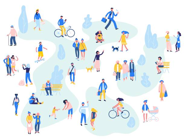Group of people in different outdoor activity - walk, use smartphone, ride bike, relax. Crowd of male and female characters in summer city. Season background. Leisure concept. walking drawings stock illustrations