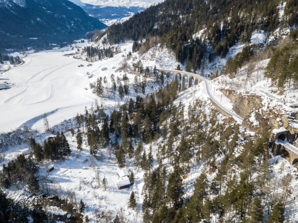 imagem aérea de um vale de montanha nos alpes no inverno nevado - graubunden canton fotos - fotografias e filmes do acervo