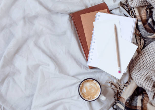 istock The process of making notes in bed with hot coffee and plaid. 1126788355