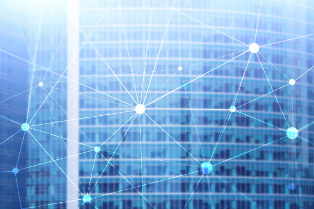 istock Blockchain network on blurred skyscrapers background. Financial technology and communication concept. 1126789636
