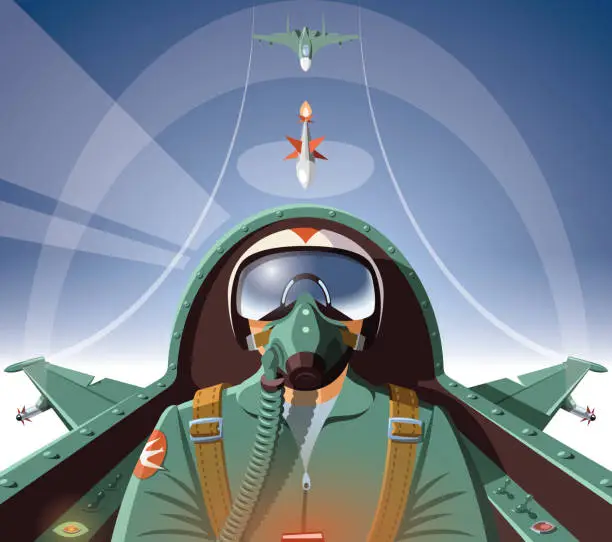 Vector illustration of Military pilot in aircraft cockpit