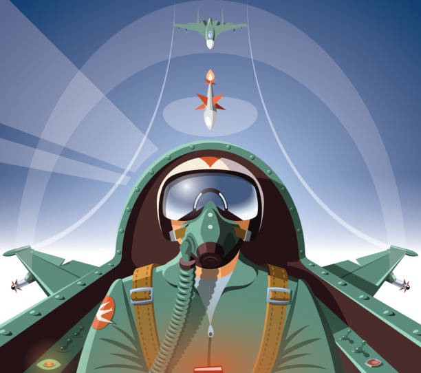 飛機駕駛艙中的軍事飛行員 - 工作安全頭盔 插圖 幅插畫檔、美工圖案、卡通及圖標