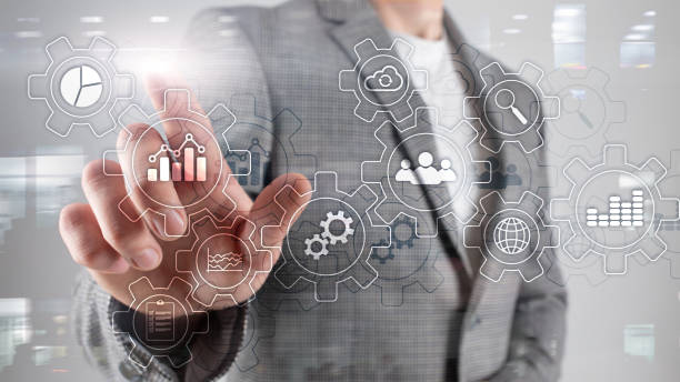 istock Business process abstract diagram with gears and icons. Workflow and automation technology concept. 1126789981