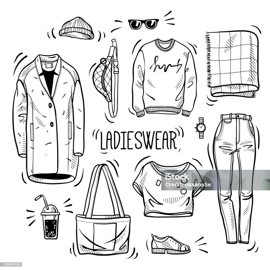 Bộ Vẽ Tay Của Phụ Nữ Mặc Phác Thảo Áo Thun Áo Khoác Áo Nỉ Túi Xách ...