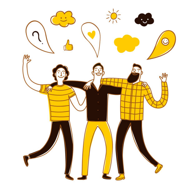 группа друзей, гуляя и разговаривая. - men drawing cheerful friendship stock illustrations