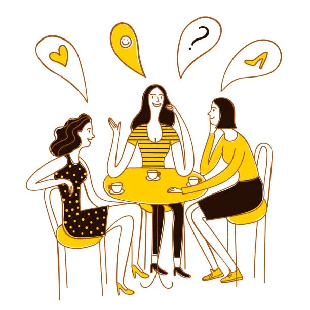 Vector illustration of Group of happy girls siting in cafe.