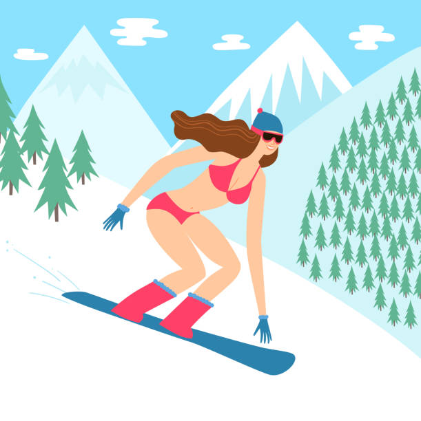illustrazioni stock, clip art, cartoni animati e icone di tendenza di ragazza snowboarder dei cartoni animati in bikini. - ski trace
