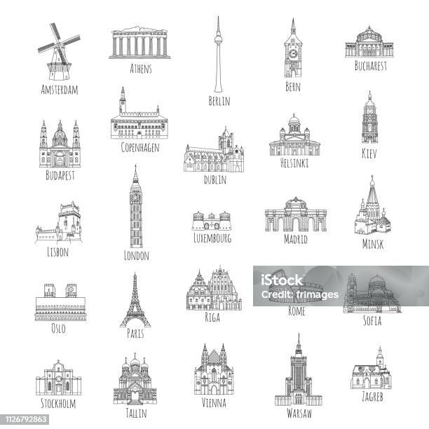 25 Monumenti Europei Disegnati A Mano - Immagini vettoriali stock e altre immagini di Luogo d'interesse - Luogo d'interesse, Icona, Città