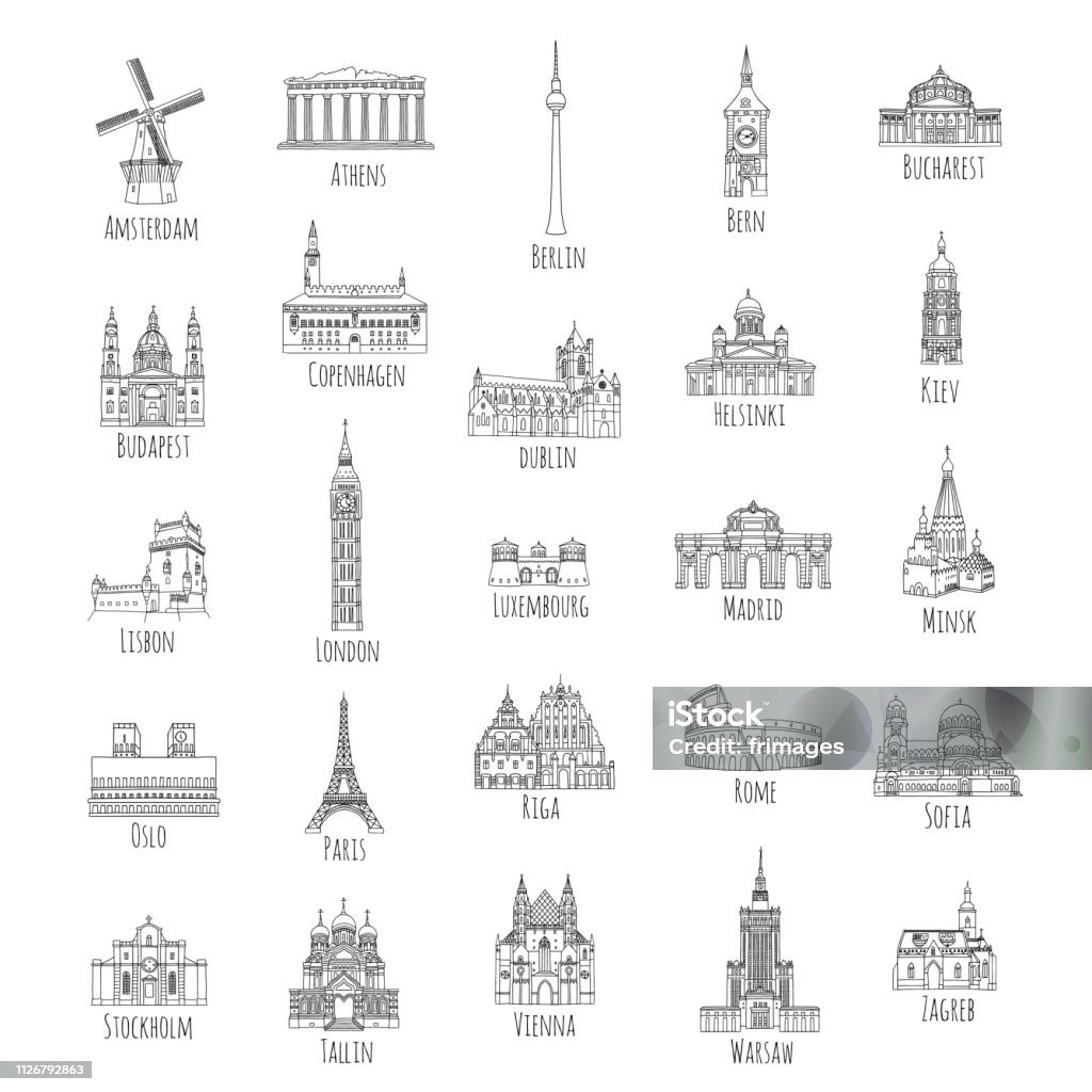 25 hand drawn European landmarks Set of 25 hand drawn landmarks from various European capitals, black ink illustrations Icon stock vector