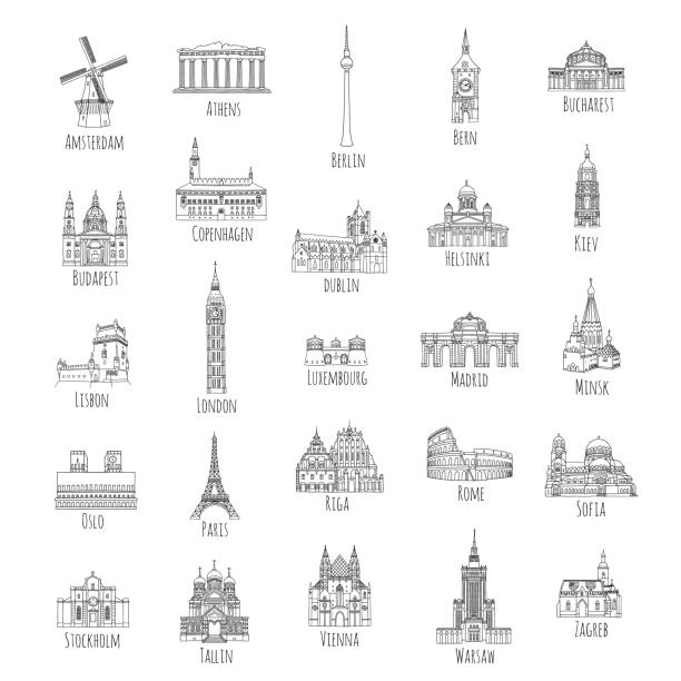 25 hand drawn European landmarks Set of 25 hand drawn landmarks from various European capitals, black ink illustrations famous place stock illustrations
