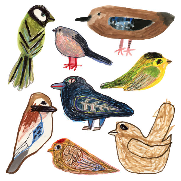 Birds set Hand drawn/painted set of birds starling stock illustrations