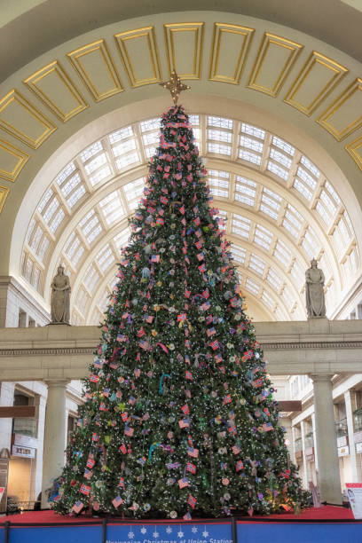 norwegian christmas tree at union station - vertical washington dc usa station imagens e fotografias de stock