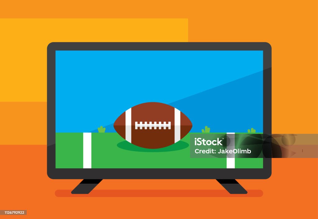 HDTV Football Icon Flat Vector illustration of a high definition television with american football against an orange background in flat style. Television Set stock vector