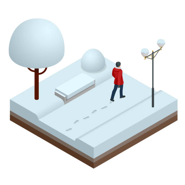 In winter, a man walks through the snow in a city park, leaving footprints in the snow. Isometric Winter concept. Bench covered with snow among frosty winter trees and street lights In winter, a man walks through the snow in a city park, leaving footprints in the snow. Isometric Winter concept. Bench covered with snow among frosty winter trees and street lights. snow storm city stock illustrations