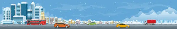 Vector illustration of Flat panorama skyline with urban skyscrapers and road with cars. City under snow, Winter city concept. Vector illustration