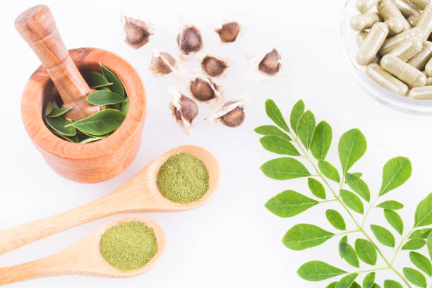istock Moringa leaves, seeds, powder and capsules - Moringa oleifera 1126800836