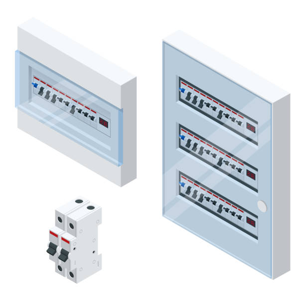 ilustrações, clipart, desenhos animados e ícones de isométrico painel elétrico com fusíveis e contactores. disjuntores de circuito automáticos, isolados no fundo branco. fusível elétrico. - dispositivo de manobra