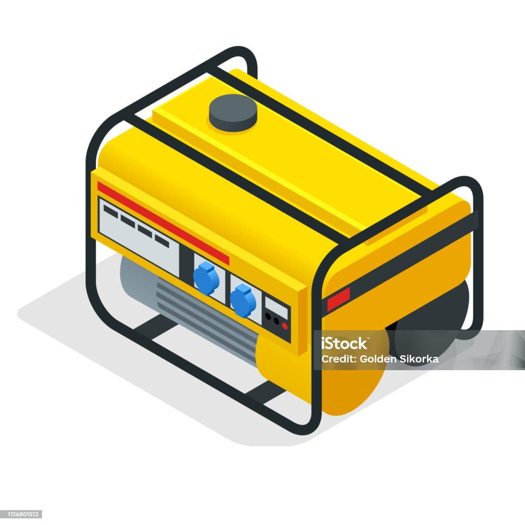 Isometric yellow Gasoline Generator. industrial and home immovable power generator. Diesel electric generator on outdoor vector illustration Isometric yellow Gasoline Generator. industrial and home immovable power generator. Diesel electric generator on outdoor vector illustration. Generator stock vector