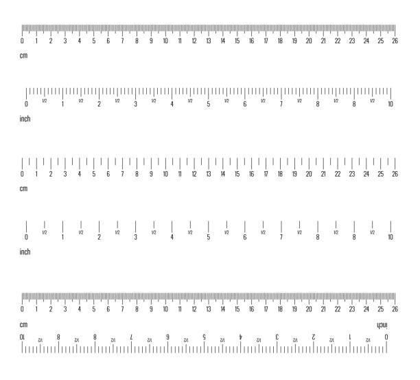 инч и метрические линейки. показатели сантиметров и дюймов, измеряя метрики шкалы см. линейка 10 дюймов и сетка 26 см. единицы индикатора разм� - ruler stock illustrations