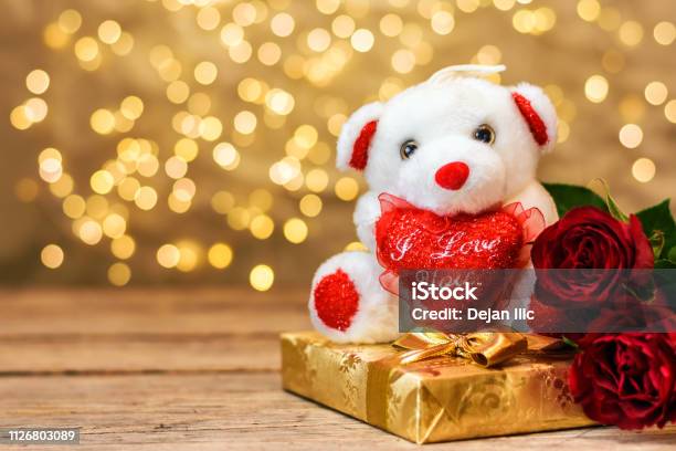 Plush Toy Bear Red Roses And Gift Box Valentines Day Stock Photo - Download Image Now