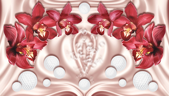 Modern ideas in the design of any interior. 3d wallpaper, red orchids and sphere on silk background will expand visually room, make room lighter and become a good accent in the interior. Flower theme - this is a trend in interior design
