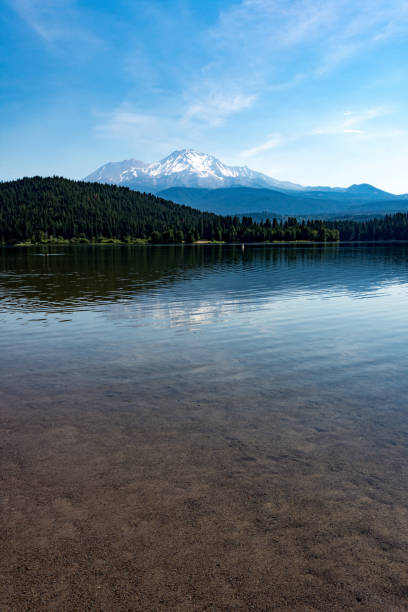 Lake Siskiyou on a calm, clear sunny day with Mt. Shasta in the background during summer Lake Siskiyou on a calm, clear sunny day with Mt. Shasta in the background during summer siskiyou lake stock pictures, royalty-free photos & images