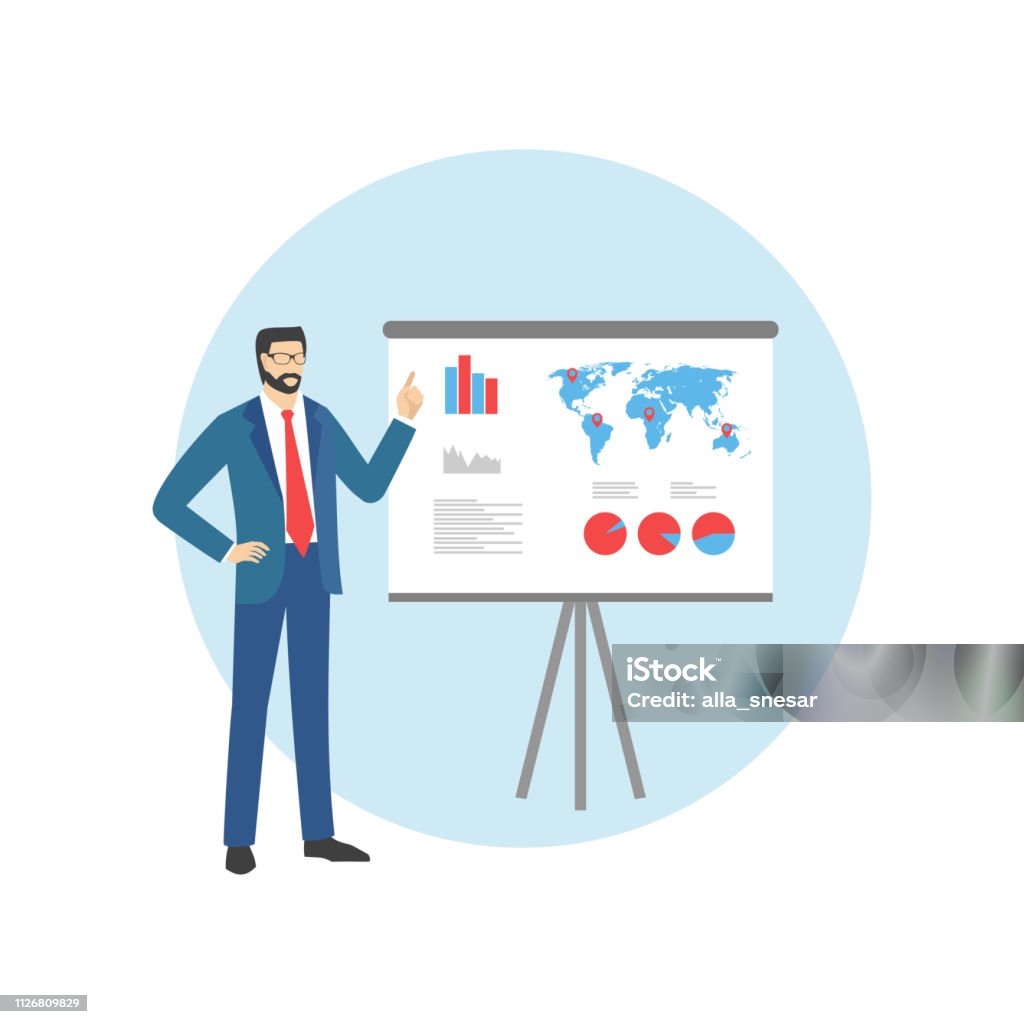 Male in Business Suit with Pointer Man with pointer in presentation stand . Business lecture, seminar, report, presentation, coaching, meeting.  Male in Business Suit with Pointer Presentation - Speech stock vector