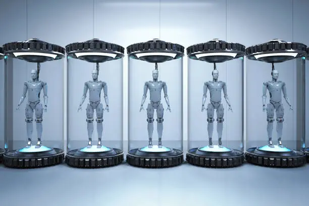 Artificial intelligence development concept with 3d rendering robot in glass capsule