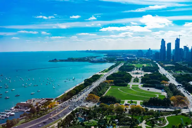 Photo of Overhead View of Grant Park and Lake Shore Drive with Lake Michigan in Chicago