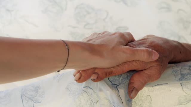 A HELPING HAND. Detail of a Young Woman Hands Holding the Senior Woman Hands
