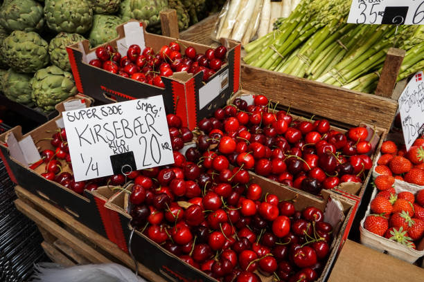 Basket of cherries in a market in Copenhagen