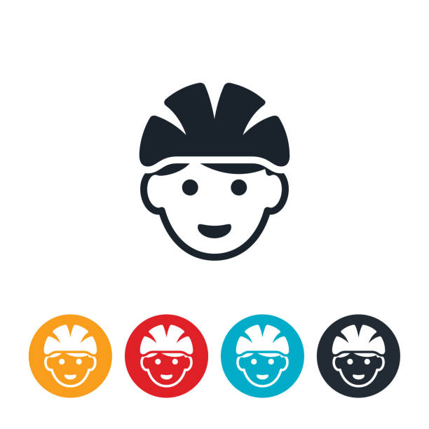 ilustraciones, imágenes clip art, dibujos animados e iconos de stock de niño usar bicicleta casco icon - casco de ciclista